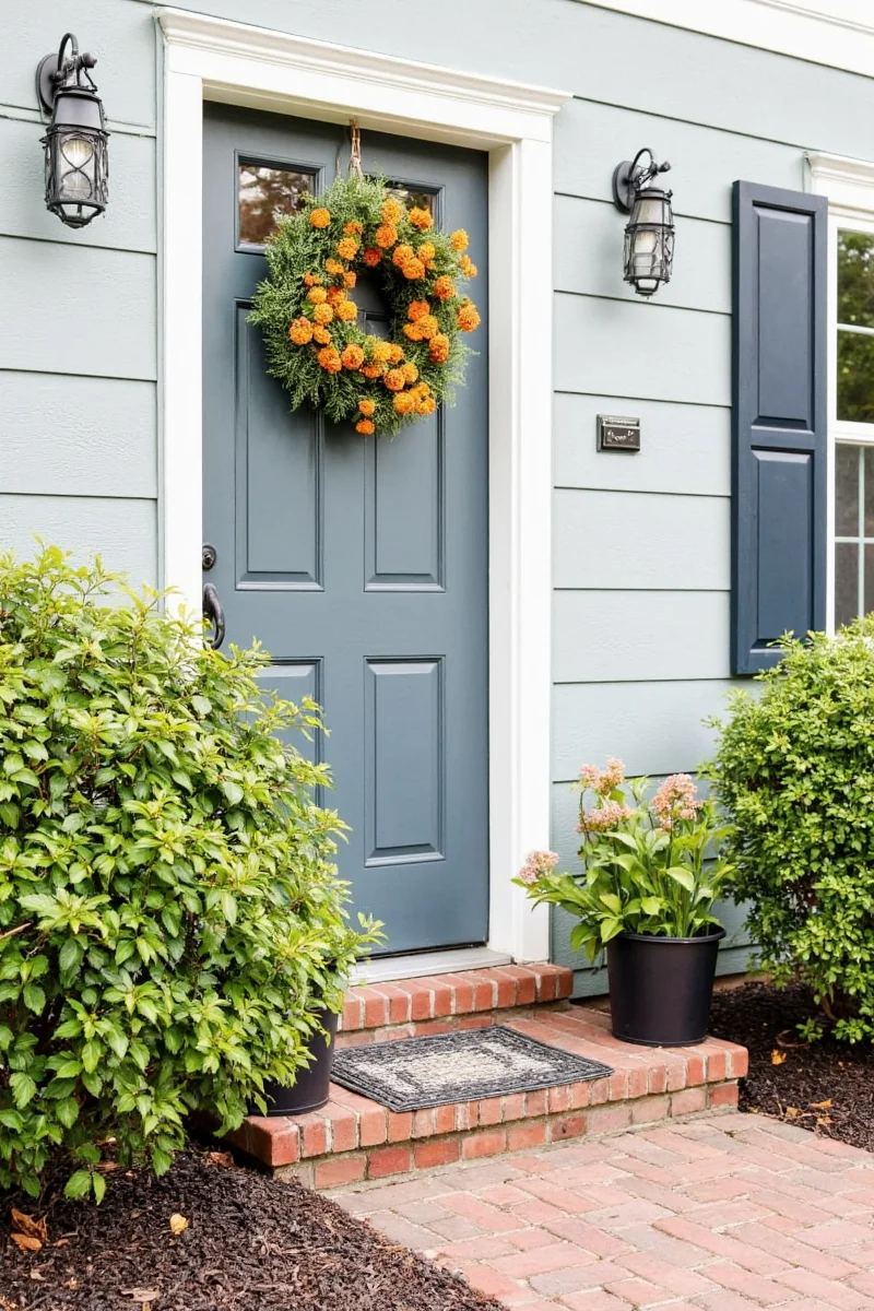 Bright marigolds in terracotta pots by front steps