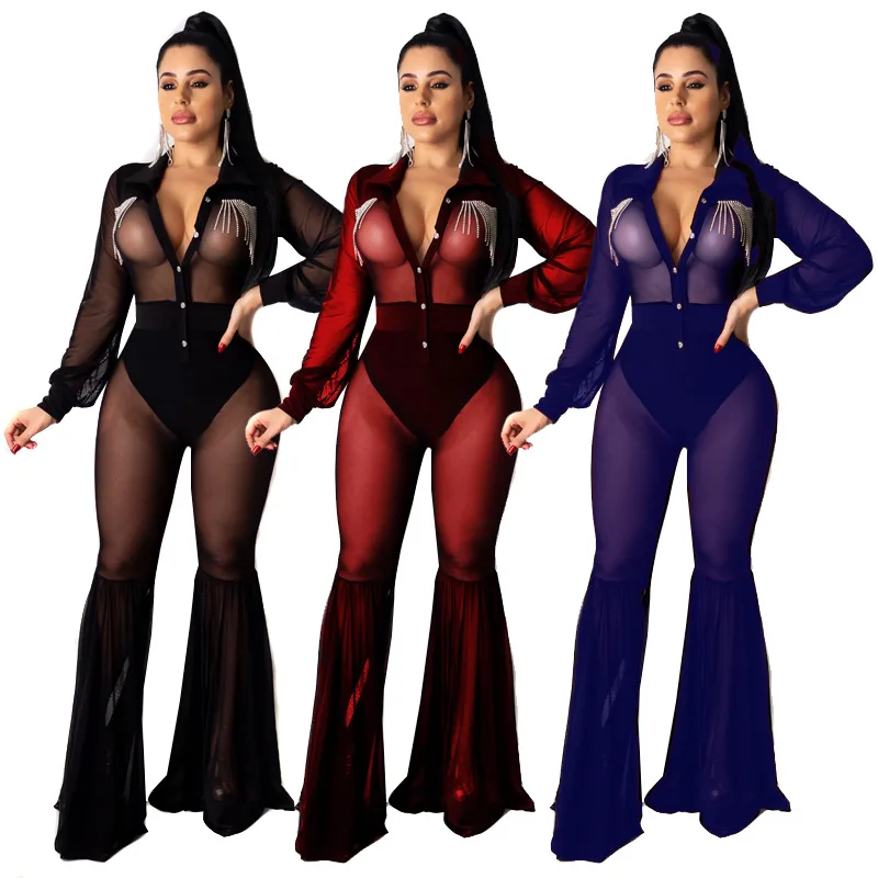 

EB-20022615 2021 spring women clothing Mesh Perspective Sexy Hanging Drill Flared Pants Jumpsuit Rompers, 3 colors