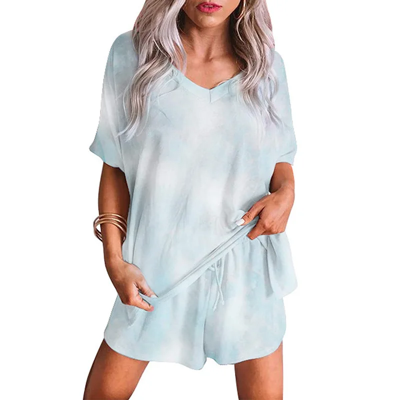 

New summer women's pyjamas tie-dye print V-neck short sleeves plus size home suit