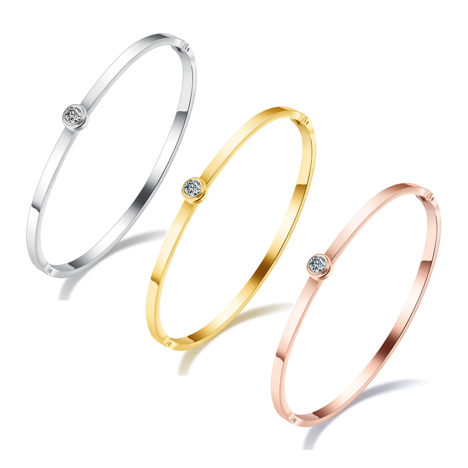 

MECYLIFE Single Stone CZ High Polished Fashion Three Colors Silver Gold Rose Gold Women Bangle Bracelet, Silver,rose gold,gold