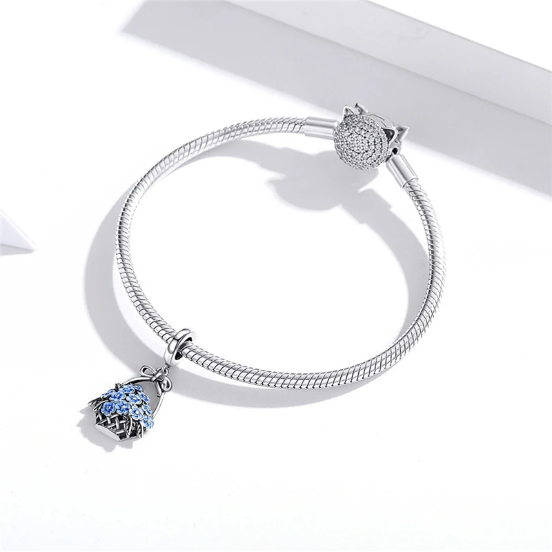 

Elegant 925 Silver Flower Basket Blue Flower bracelets Charm For Charms Custom