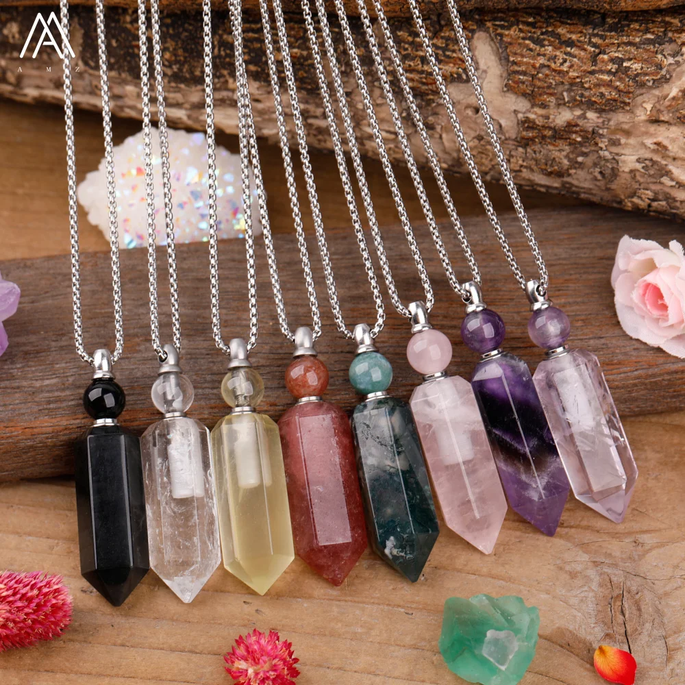 Aromatherapy Perfume Bottle Essential Stone Crystal Point Pendant Necklace