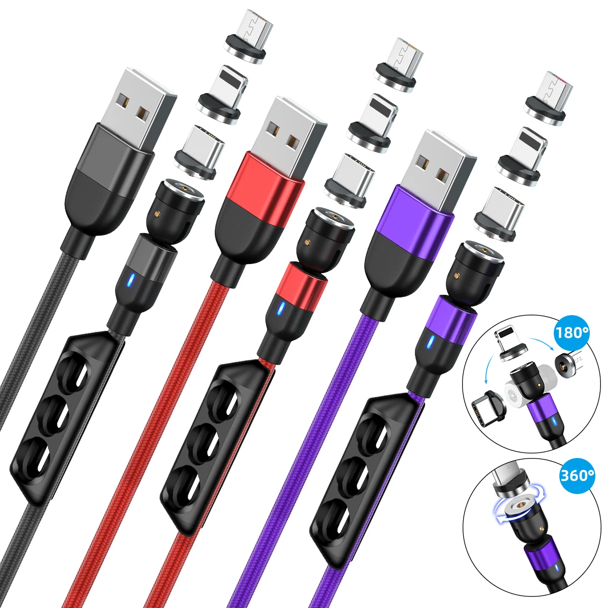 

Greenport 3 in 1 charger cable 3.3ft 6.6ft usb cable magnetic 540 degree free rotate mobile phone i-product/type c/Android, Black,red,silver,blue