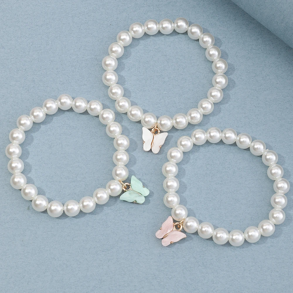 

3pcs/set Wholesale Fashion Bracelets Acrylic Butterfly Pearl Stretch friendship Bracelet BFF Bracelet For Girls, White