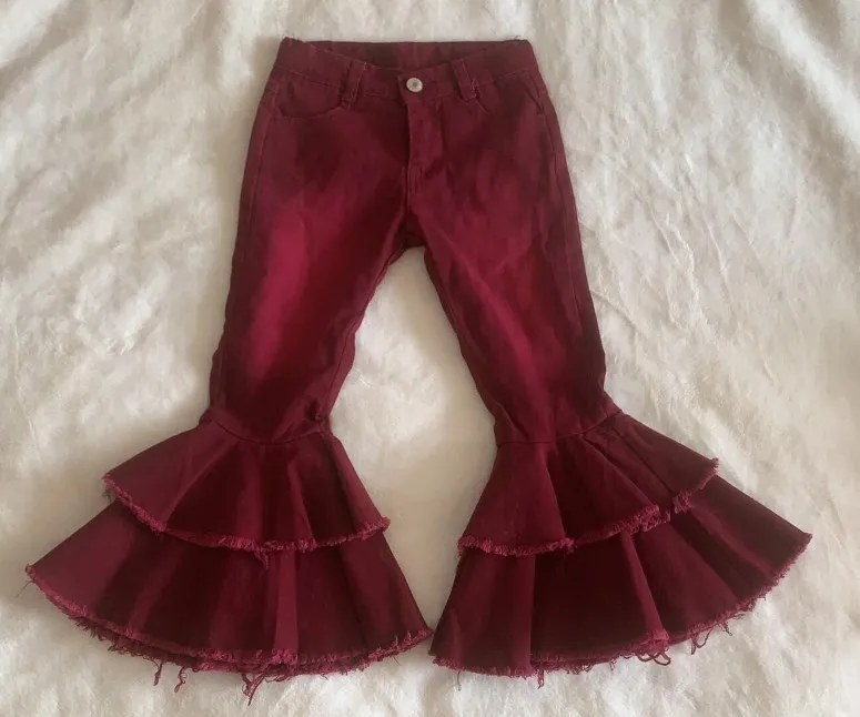 

2020 Fashion Hot New Product Baby Girl Burgundy Jeans Two-layer Ruffle Flare Pants Ready to Ship