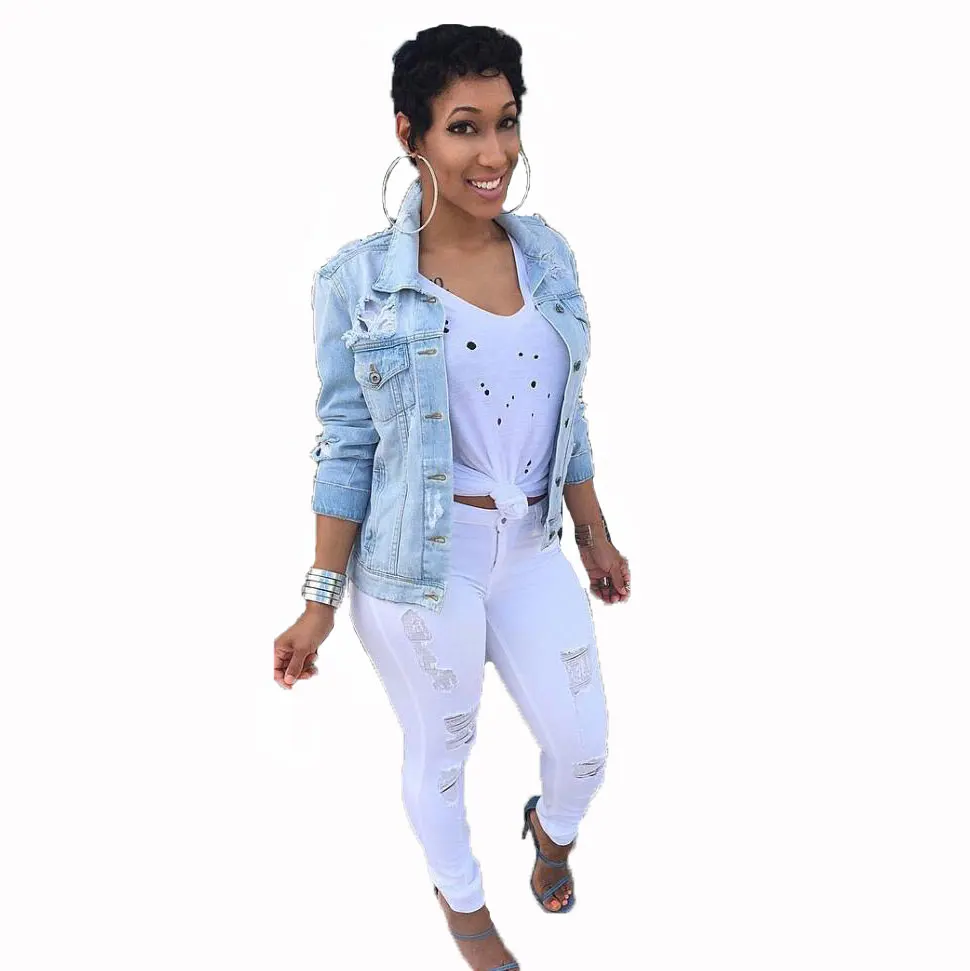 

20805-MX36 plus size denim short jacket hole for women sehe fashion