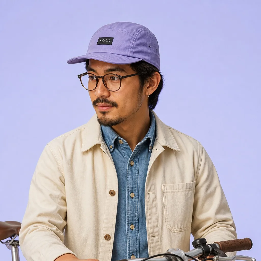 Young Urban Cyclist with Bicycle Wearing Periwinkle 5-Panel Camper Cap with Front Woven Label