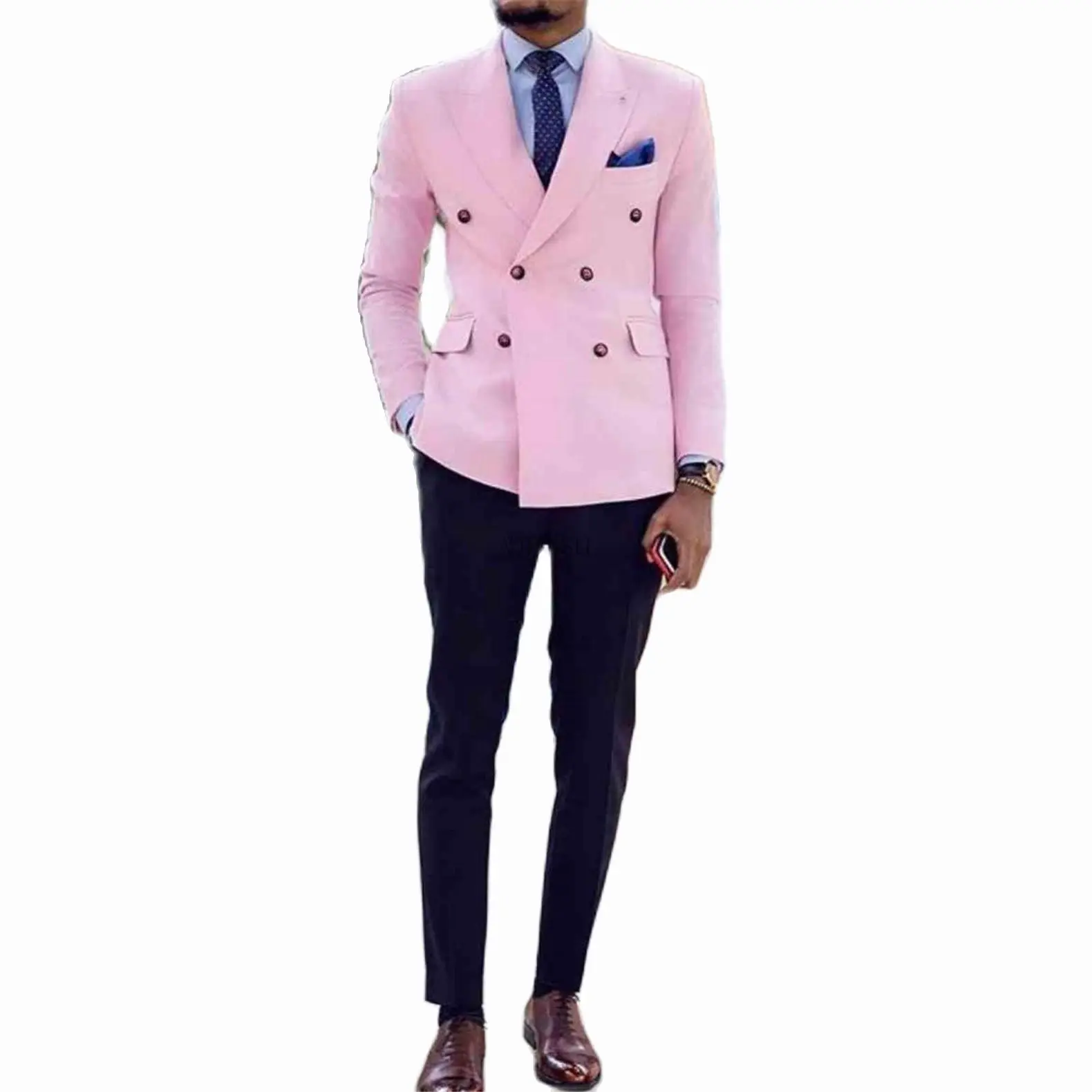 

Pink Men Suits Peaked Lapel Double Breasted Prom Suits Slim Fit Men Tuxedos Groom Wedding Suits for Best Men