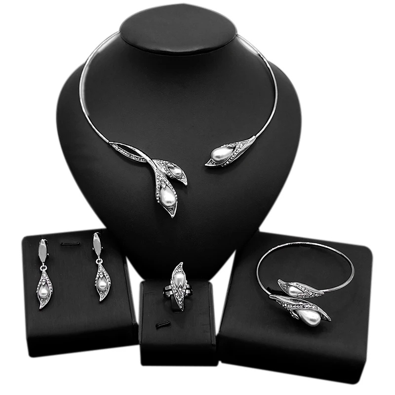 

Yulaili Hot Sale Beautiful Big Pearl Exquisite Crystal Jewelry Sets Latest Design Gift Women Bracelet Earring Ring Necklace Set