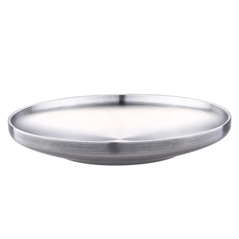 

Fashion round double wall 304 stainless steel barbecue food dinner serving plates, White