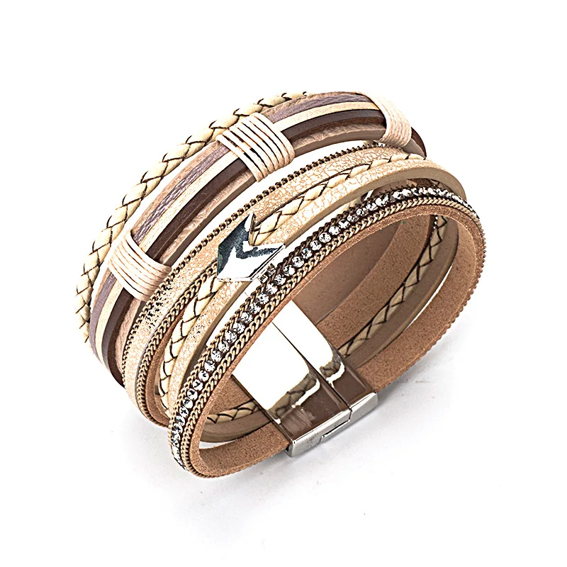 

2019 New Arrival Bohemian Magnetic Clasp Leather Wrap Bracelet Boho Crystal Rhinestone Leather Bracelet