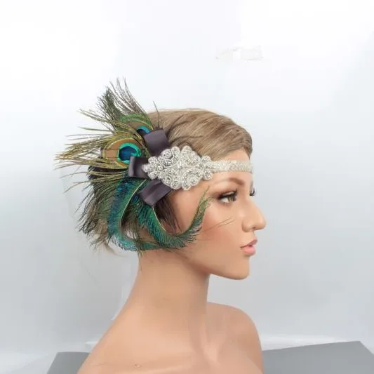 

Gatsby Hair Accessories Crysteal Rhinestone For Flapper Malachite Green Feather Headpiece For Women Factory Sales Handmade