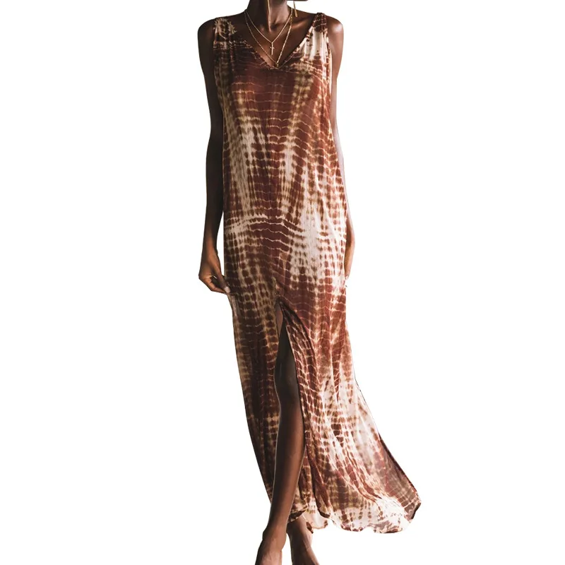 

2021 factory direct Long dress New summer printed tie-dye sleeveless slit irregular dresss