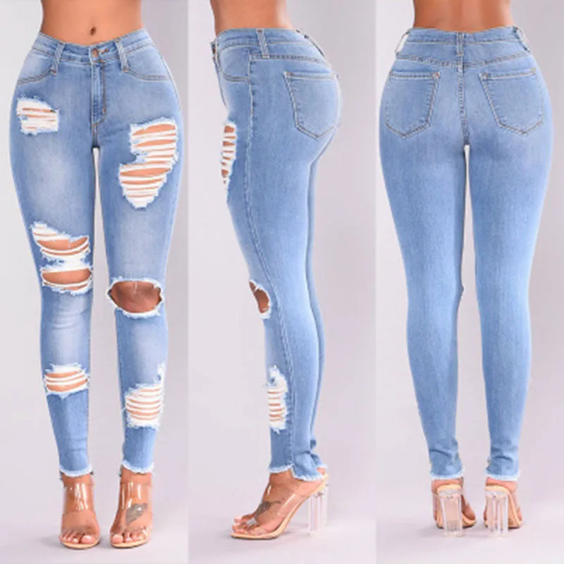 

Foreign trade export European and American women's slim and slim jeans fashion and fashion hole-broken jeans feet trousers