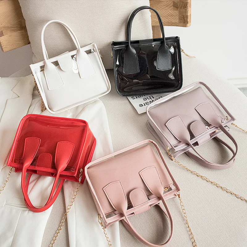 

Wholesale Clear Pvc Mini Handbag Set 2 Pcs In 1 Ladies Small Hand Bags Girls Sling Shoulder Bag Women Purse And Handbags 2021, Black,white,red,pink,purple