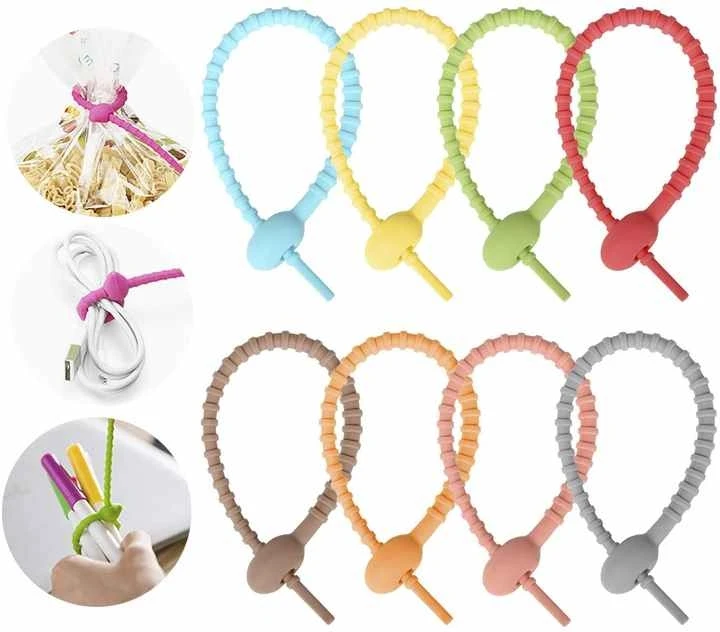 

Wholesale Reusable Silicone Cable Twist Ties Holder Keeper Bread Snack Bag Sealing Clip Cable Ties, Yellow,orange,pink,brown,gray,blue,red,green
