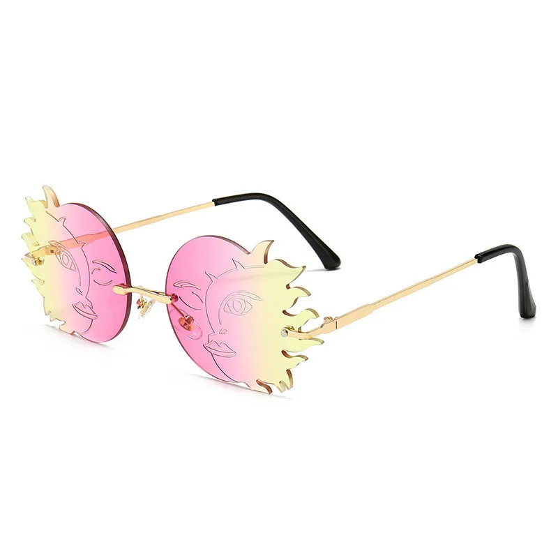 

Sun moon smiley fashion sunglasses newest 2020 cute rimless shades custom designer luxury metal Flame sun glasses women 5338, Mix color