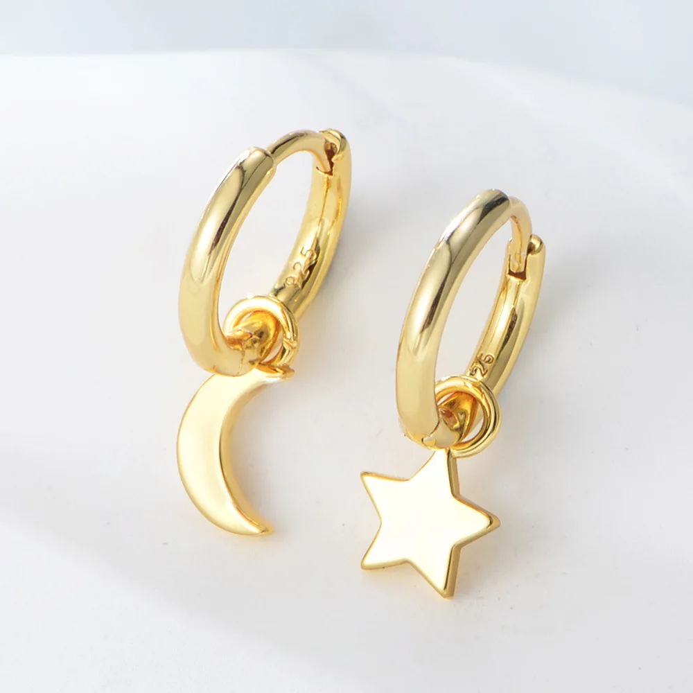 925 Sterling Silver Earrings Asymmetrical Plain Moon Star Pendant Gold Plated Hoop Earrings for Women 925 Earrings