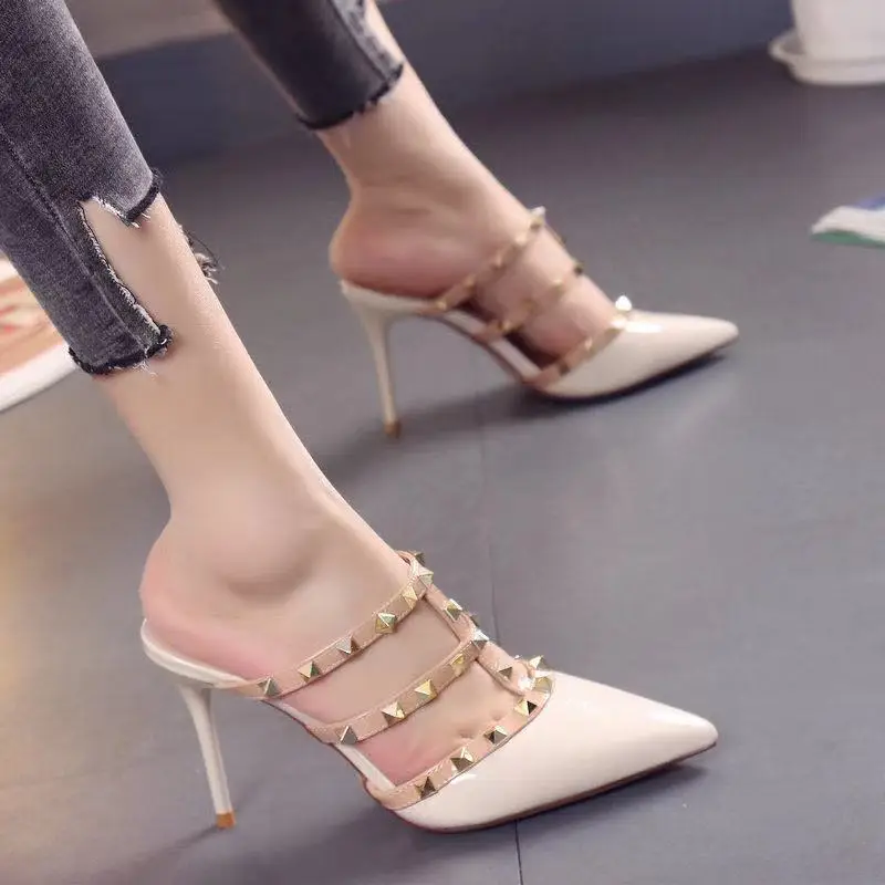 

Women Elegant Sexy High Heel Fashion Dress Ladies Pyramid Studs Pointed Toe Pump Shoes Painted Heel For Fashion Women, Picture