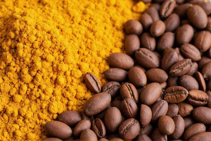 Turmeric coffee preparation showing golden beverage in mug with turmeric root and coffee beans