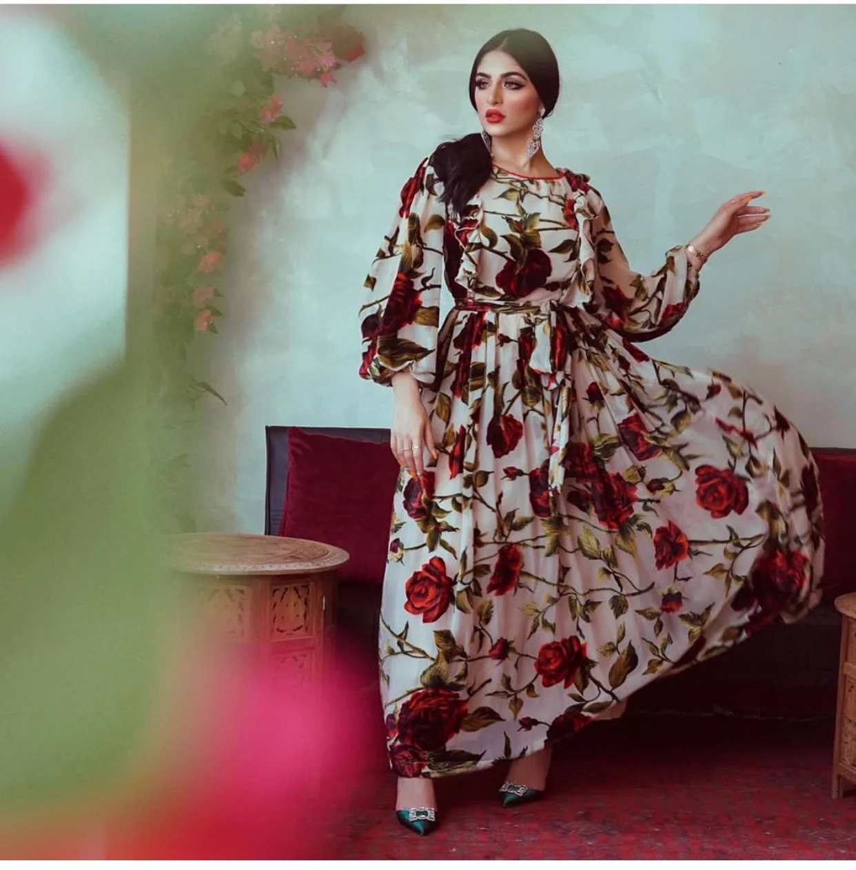 

Turkish Ruffled Rose Print Bohemian Maxi Dress for Women Fall 2020 Lantern Long Sleeve Arabic Dubai Muslim Abaya Belted