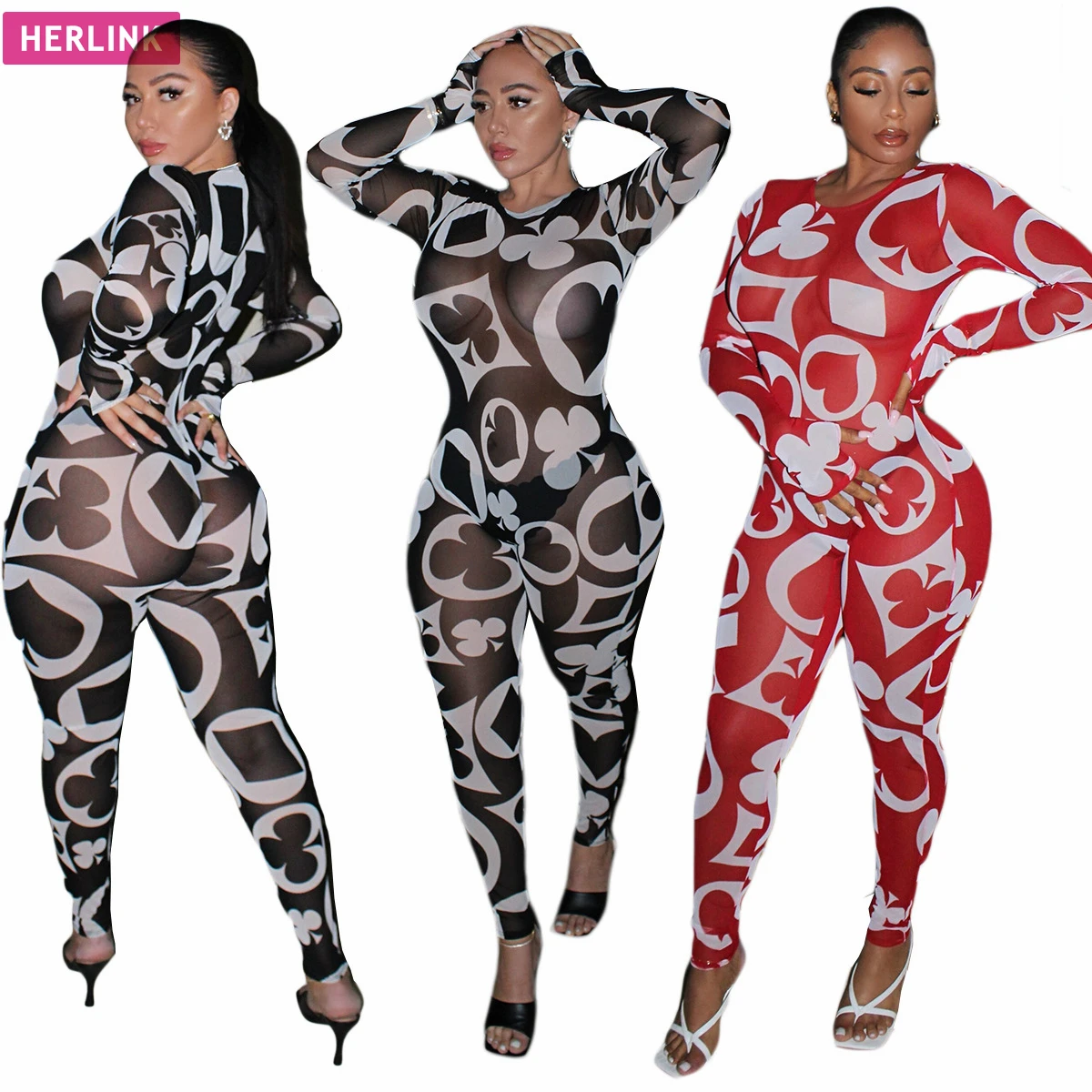 

H3848 - women stylish print long sleeve bandage jumpsuit