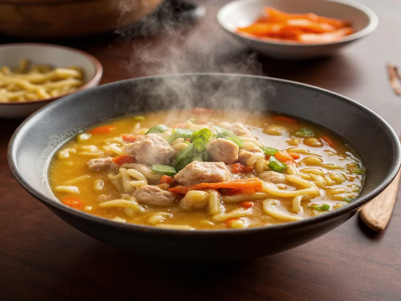 Steaming bowl of homemade chicken noodle soup with vegetables