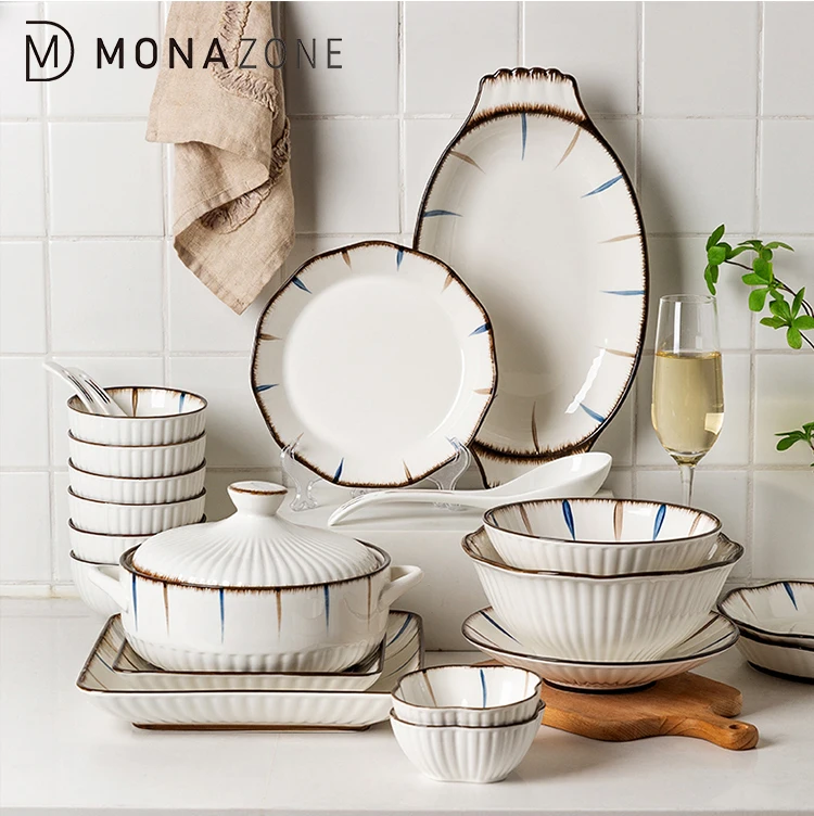 

MONAZONE Japanese Style Hand-painted Underglaze Tableware Set Creative Ceramic Rice Bowl Dish Set Dinneware Set