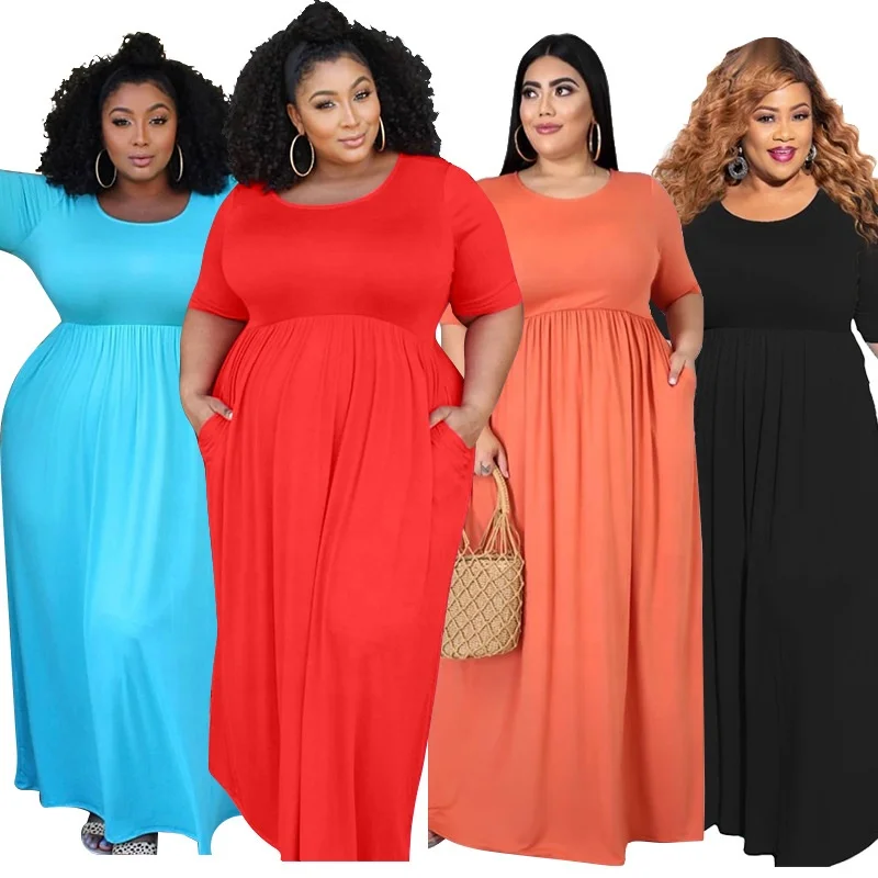 

New solid color pleated big hem short sleeve long long plus size dress