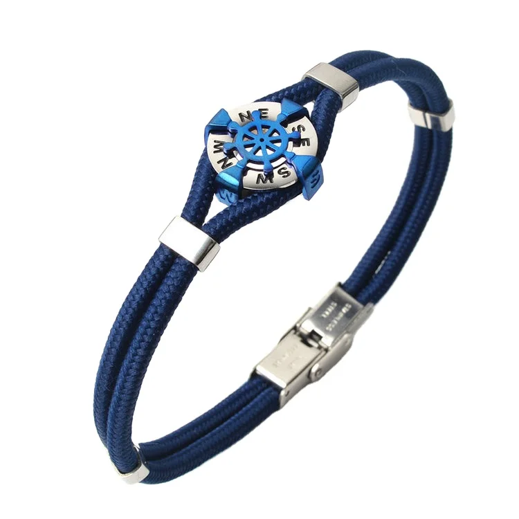 

Shine Stainless Steel Blue Color Plating Compass Rudder Charms Rope Bracelets For Men Jewelry