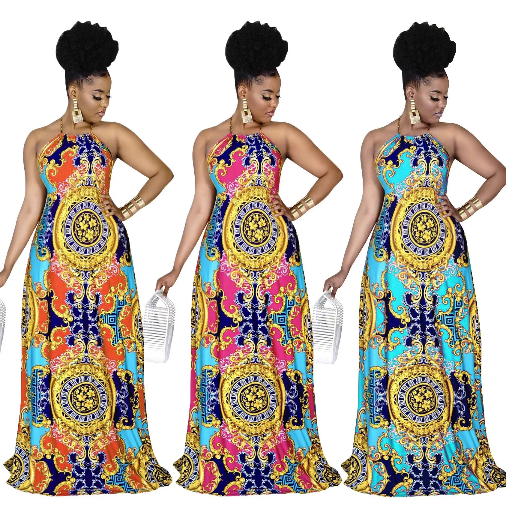 

Fashion sexy sleeveless halter printed strap backless women maxi dress