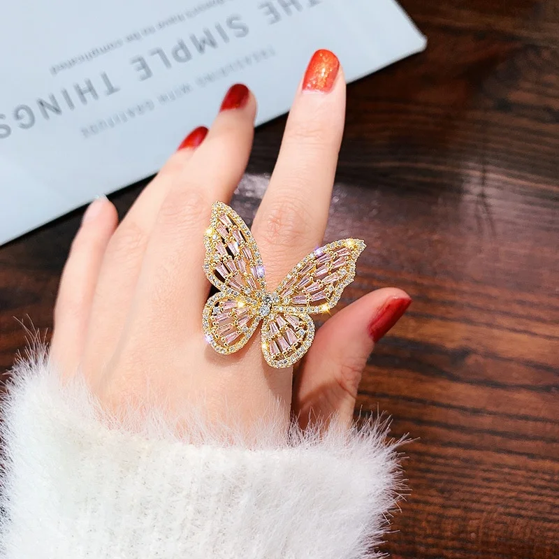 

Fashion jewelry cocktail party ring  copper pink crystal rhinestone butterfly ring for ladies women, White,pink