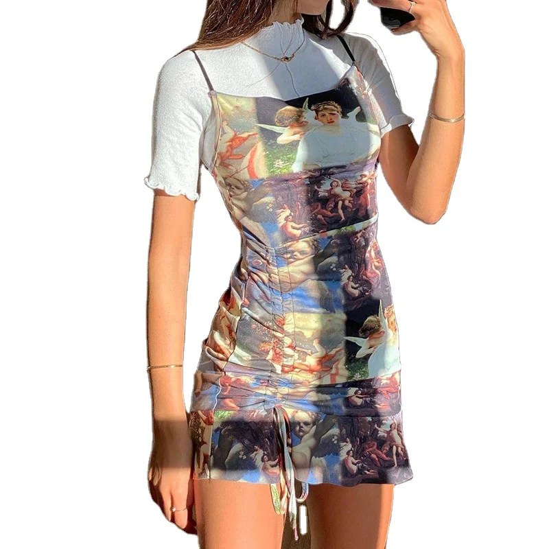 

ecowalson Harajuku Angel Print Mini Dress Goth Y2K Sleeveless Bodycon Bandage Dress Streetwear Punk Sexy High Waist Camis Dresse