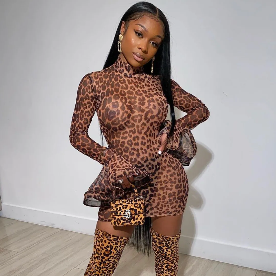 

2021 Summer Womens Night Club Dresses Sexy Leopard Print Sheer Mesh Fitted Long Flare Sleeve Mini Party Dress Women Clothes, Brown