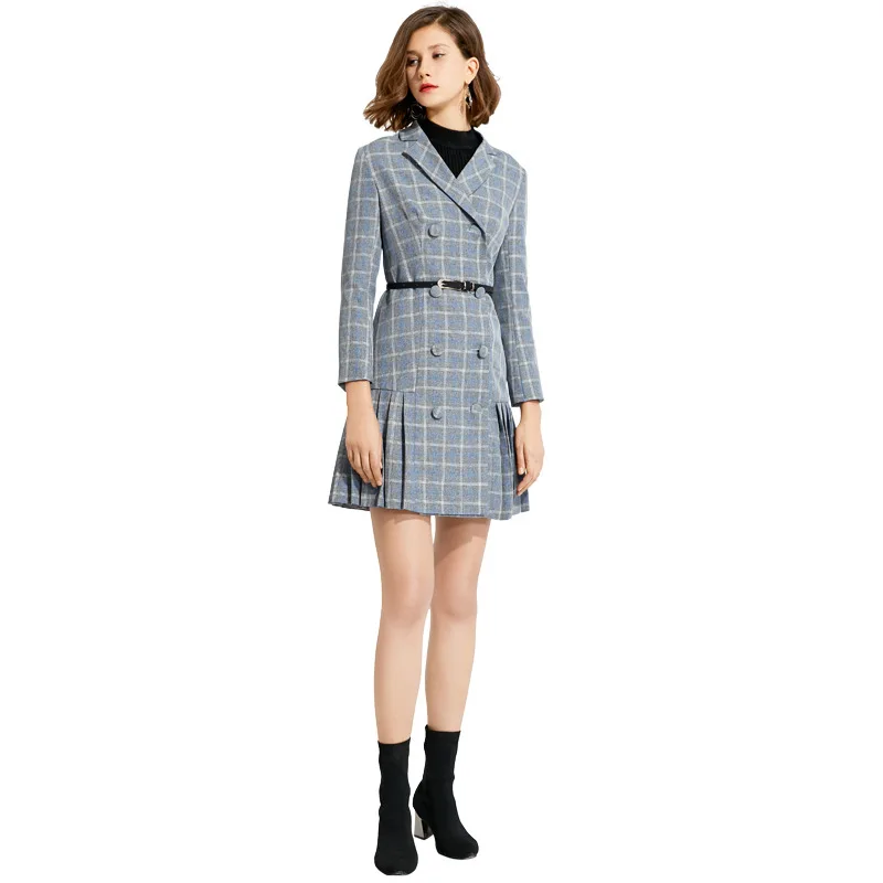 

2020 New Arrivals women Double-Breasted Long Sleeve Knee Length cotton twill blazer dress