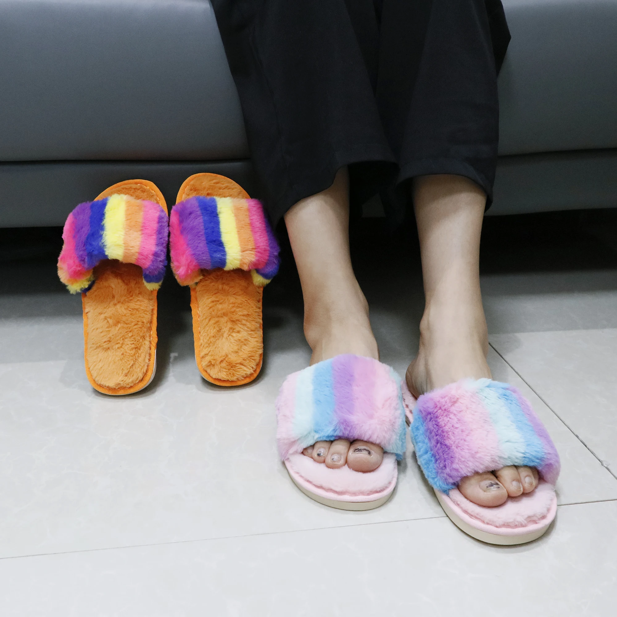 

2021 New Arrivals Colorful Plush Home Indoor Cotton Flip Flop Slippers