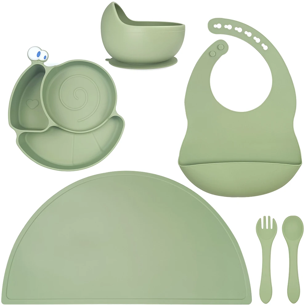 

6pc set Amazon Hot Bowl And Bib With Cup Spoon Set Food Grade Silicone Bebe Non-silp Suction Ready To Ship In Stock