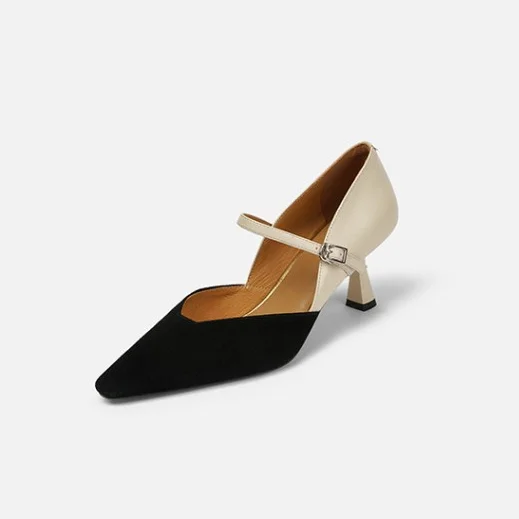 

2021 spring and summer new ladies elegant color matching word belt single shoes European and American large size wholesale, Beige,black,green