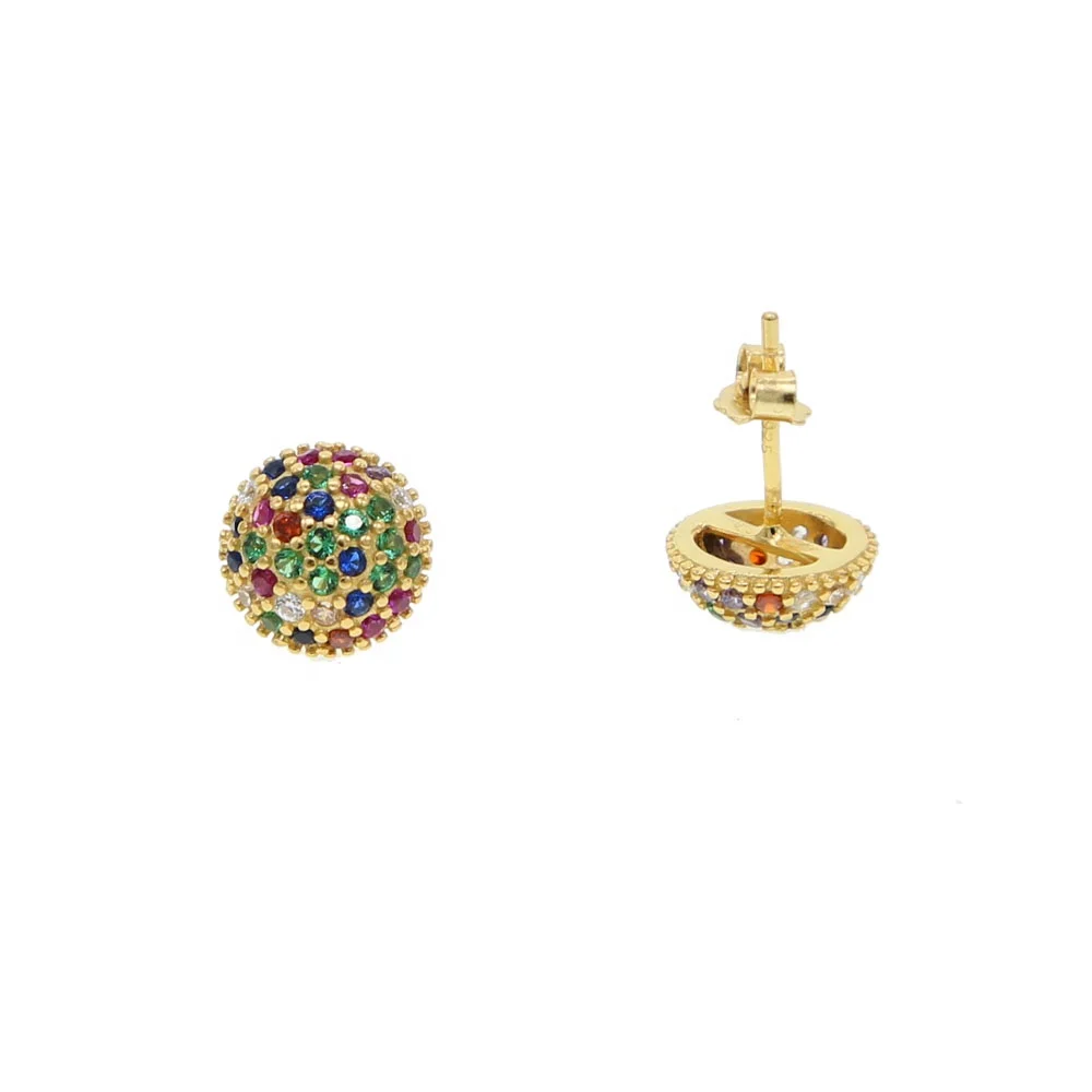 

geometric ball round stud earring 925 sterling silver colorful rainbow cz paved classic simple fashion jewelry