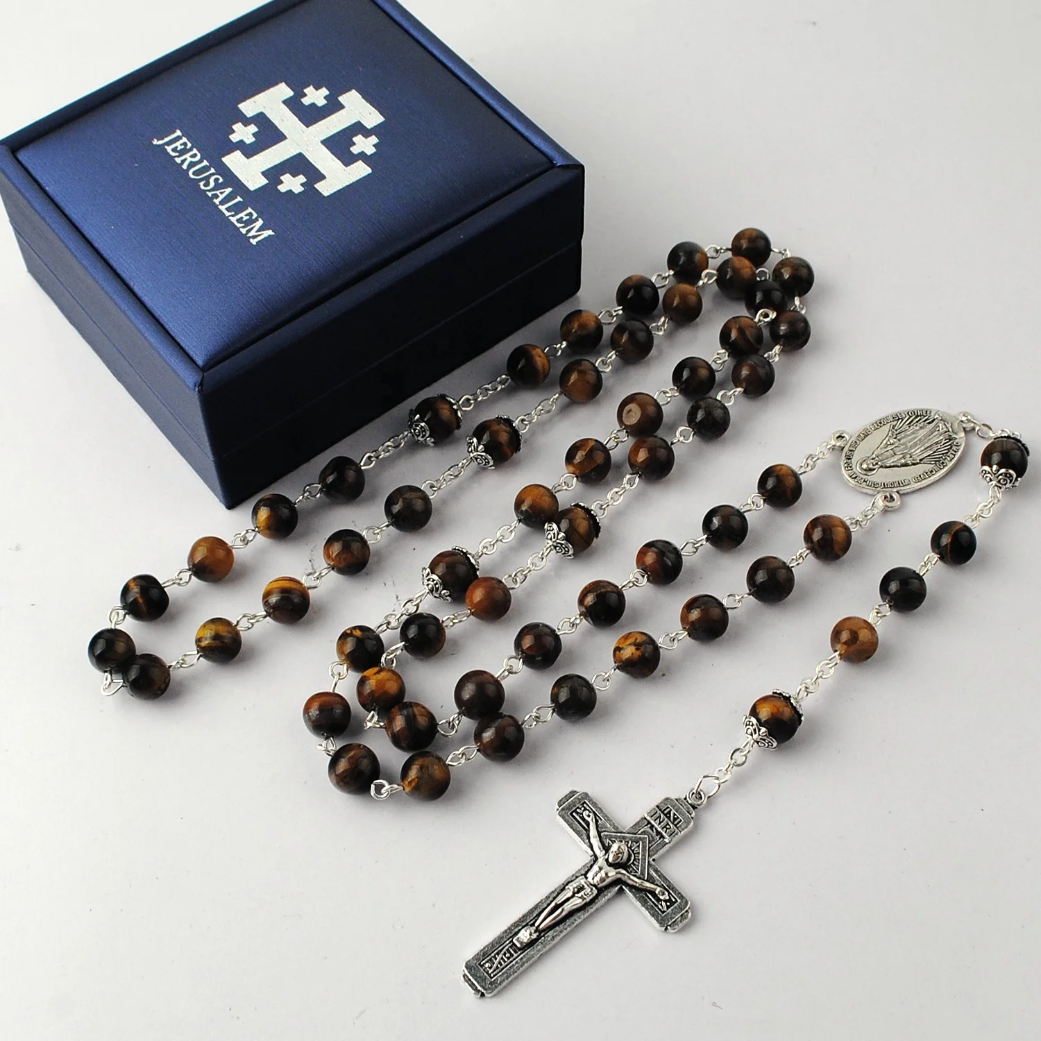 

8mm Natural Tiger Eyes Stone Beads Rosary Chain Necklaces Jewelry with Jerusalem Cross Medal and Gift Box for Men