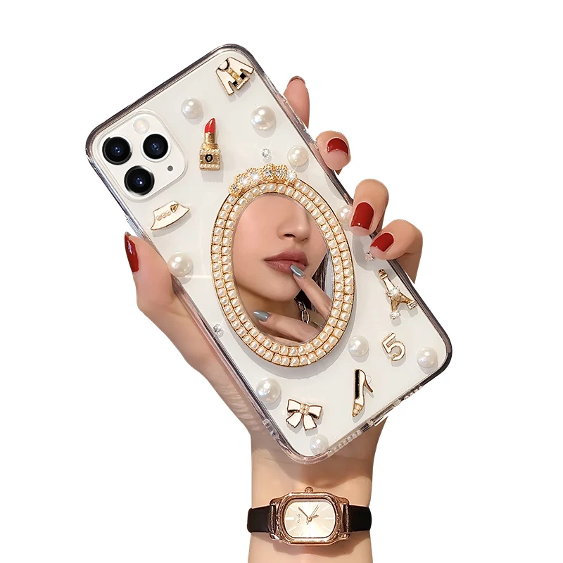 

luxury TPU bling phone case for iphone 11 case diamond mirror pearl transparent soft mobile phone case wholesale 2 in 1 PC TPU