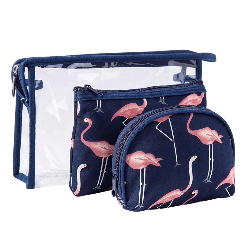 

Custom 3Pcs/set Lovely Flamingo Print Travel Organizer Kit Pouch Waterproof Pvc Clear Washing Bag Women's Cosmetics Bag Set, White, pink, dark blue