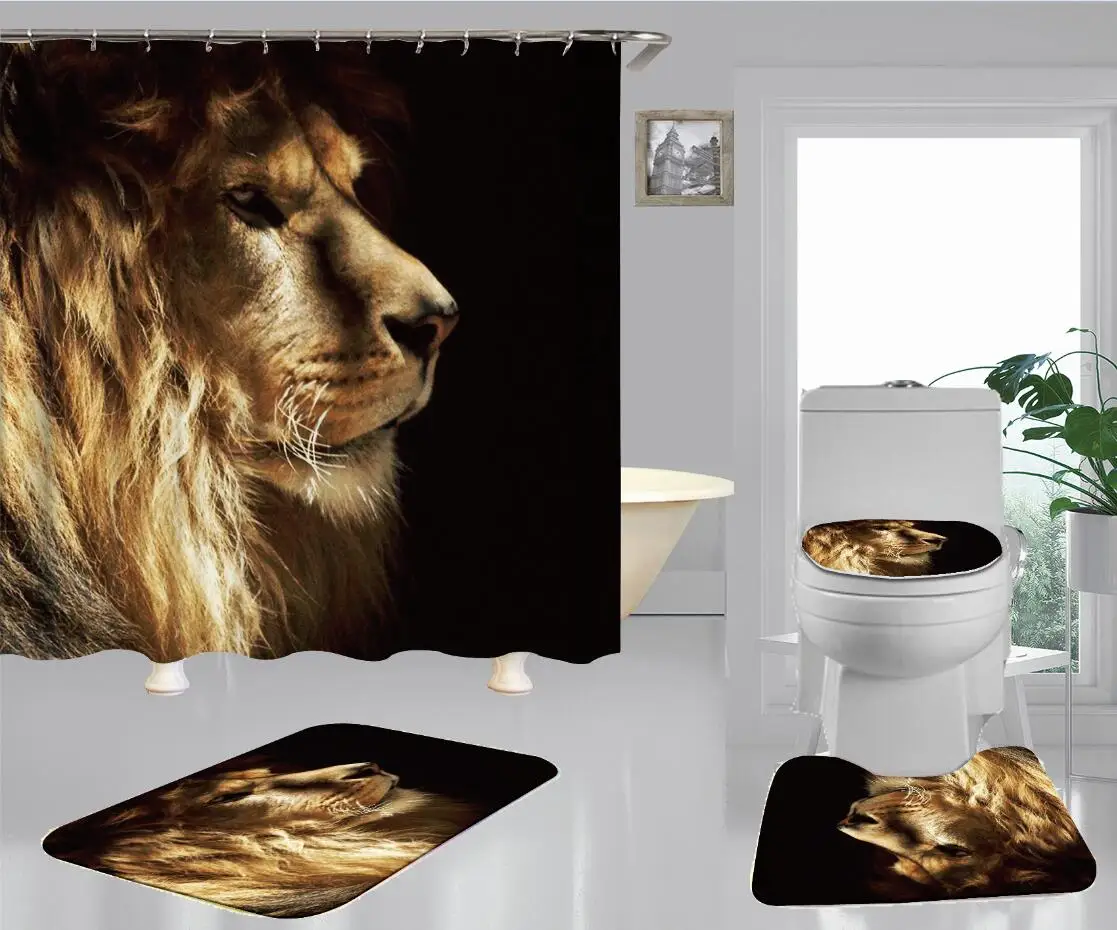 

Black Bottom Lion Print Shower Curtain Home Shade Curtain Decoration Non-slip Toilet Seat Case