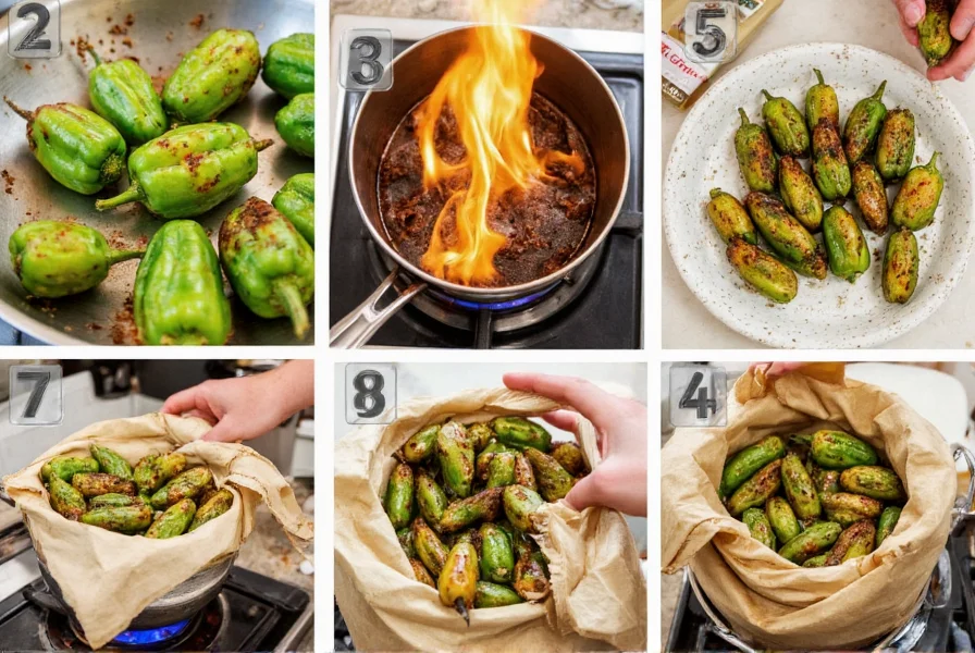 Step-by-step photography showing the traditional Hatch green chile roasting process: scoring peppers, charring over flame, steaming in paper bag, and peeling the blistered skin