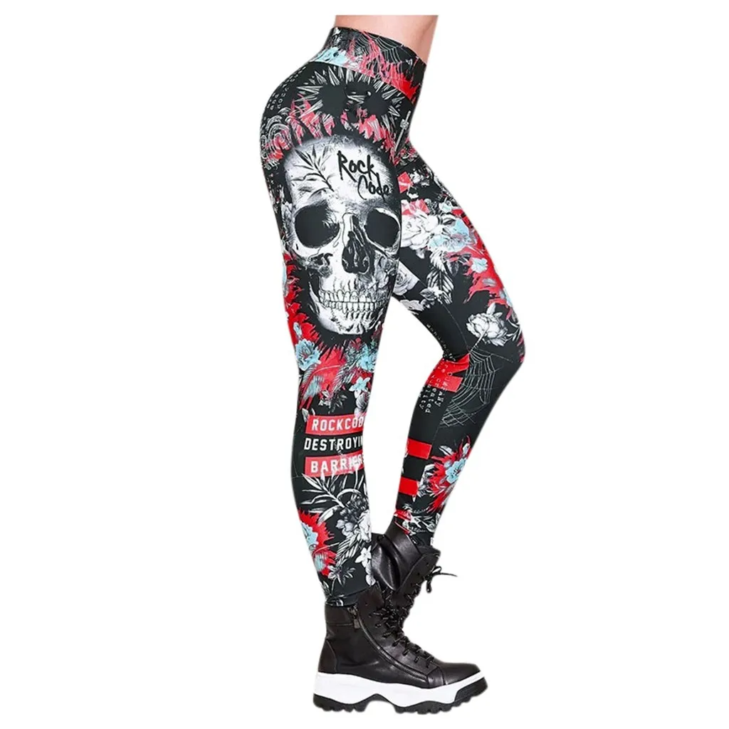 

2021Women's new printed skull Halloween tight fitness running training yoga pants, Blue(other 7 colors available