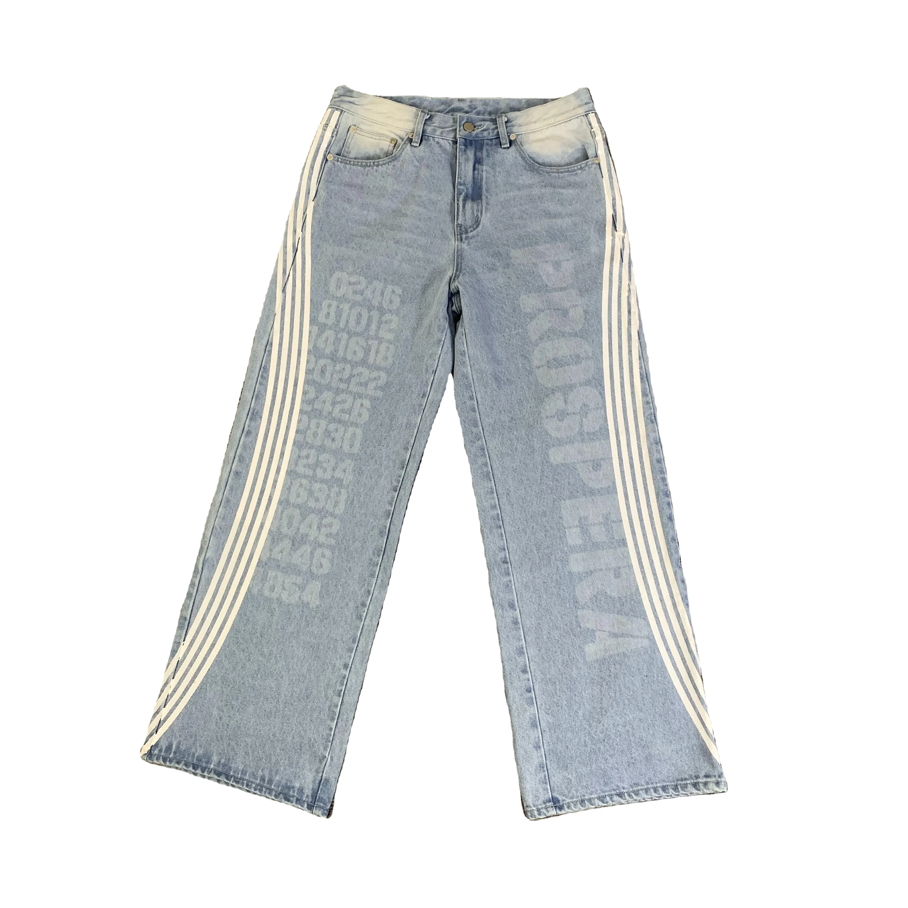 DENIMGUYS Custom Baggy Jeans Men Ribbon Stripe Denim Wash Denim Blue Wide Leg Designer Jeans