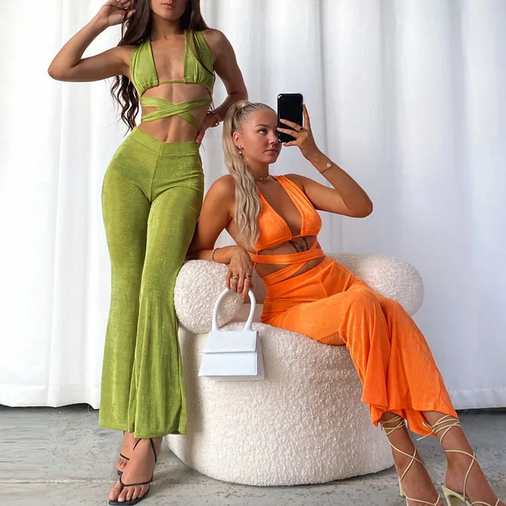 

FS3378D summer women's sexy hollow out vest fashion top and pants two piece leggings set