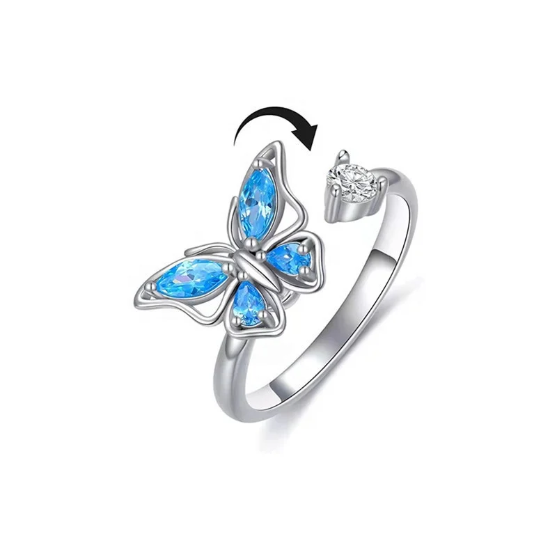 

Cubic Zircon Butterfly Blue Crystal Adjustable Rotatable Anxiety Fidget Spinner Rings Anillos Fashion Jewelry