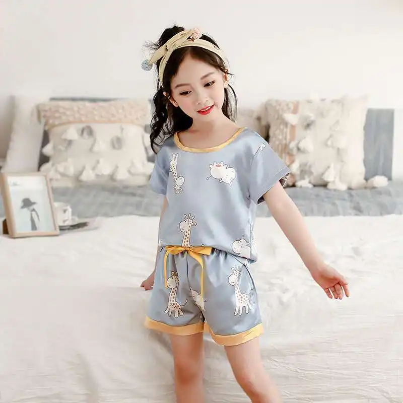 

4-10T spring children's pajamas wholesale summer kids silk pajamas set boys little girls satin pajamas short sleeve pyjamas set, Picture