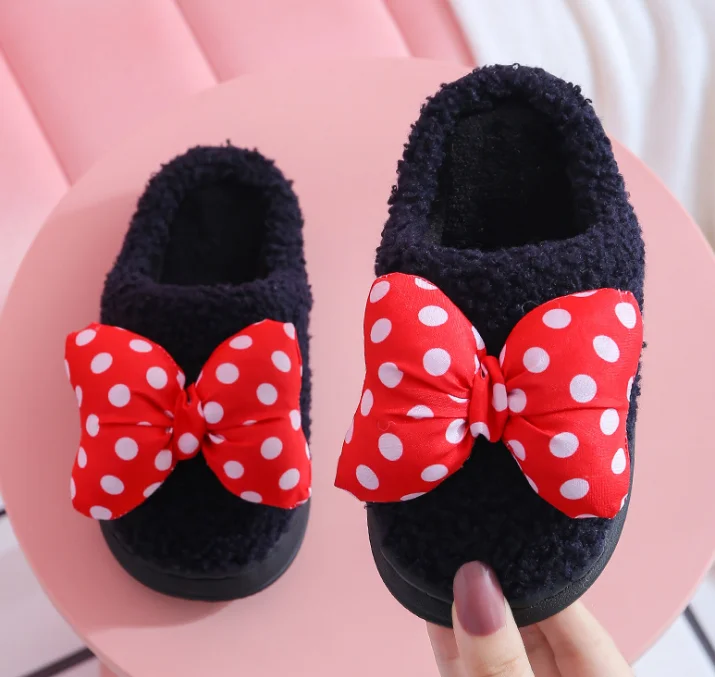 

Winter indoor children's Lovely bow household shoes children's slippers baby cute cotton slippers warm shoes, Black, pink, yellow, red